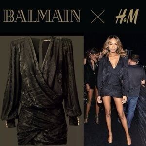 Balmain x H&M Black Silk‎ Jacquard Draped Mini Dress – Size 4 (US 4 / EUR 34)
